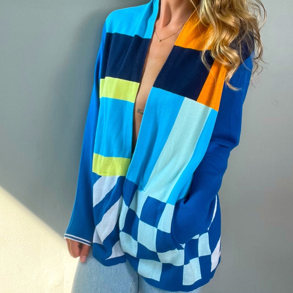 Bold & Bright Multi Color Multi Pattern Cardigan Sweater with Pockets - Picture 2 of 7